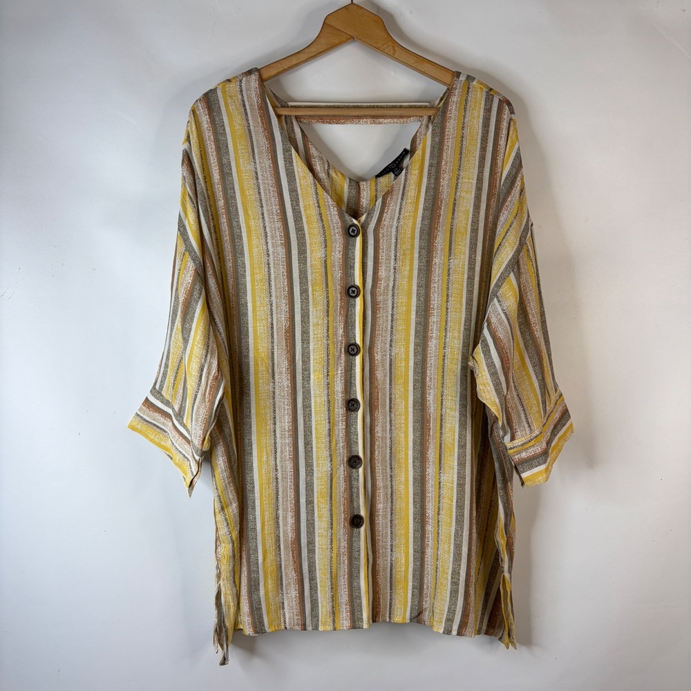 Fred David Button Down Blouse Women 2X Yellow Striped V-Neck 3/4 Sleeve Top